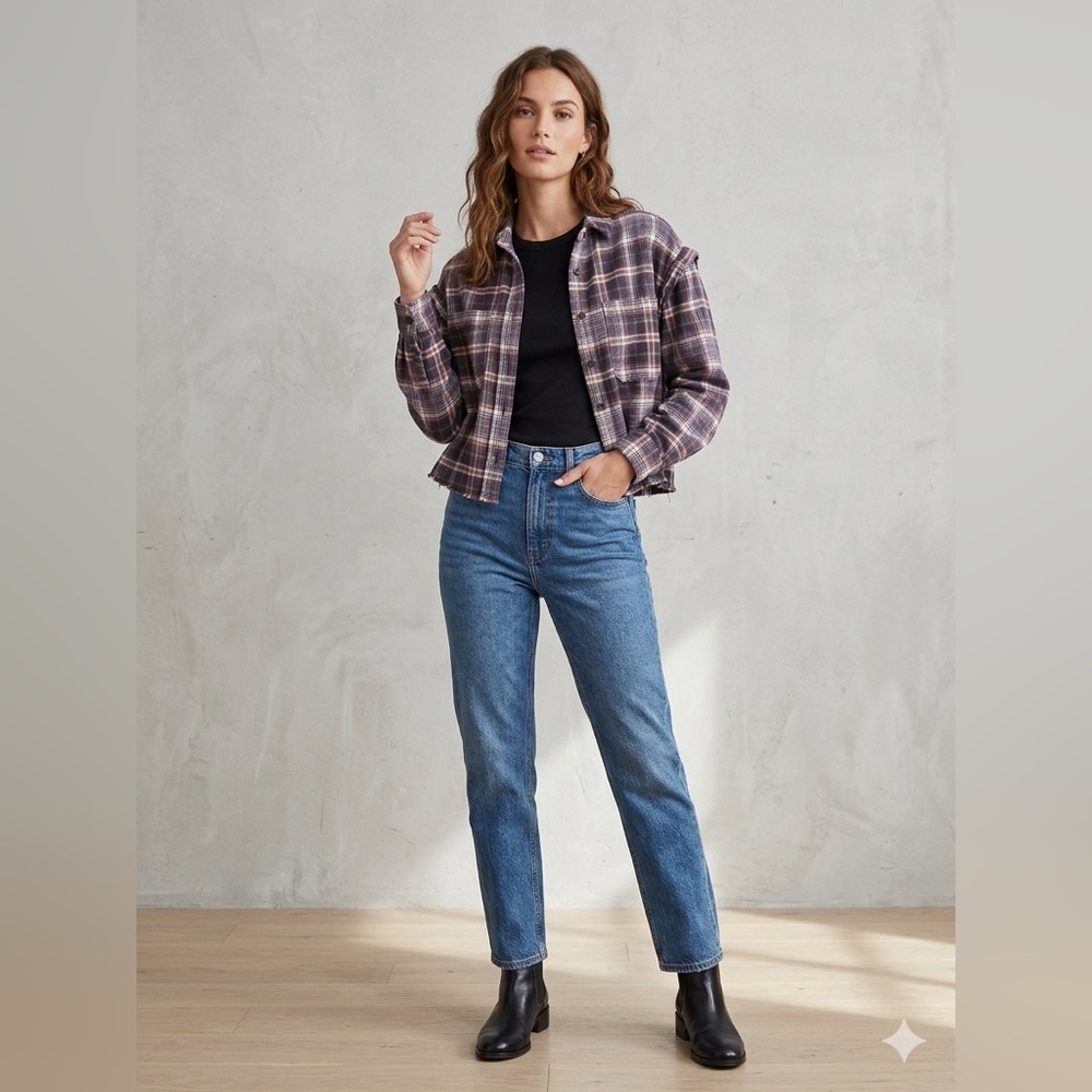 Universal Thread Ruffle Shoulder Cropped Flannel Plaid Shirt Blue Rust S